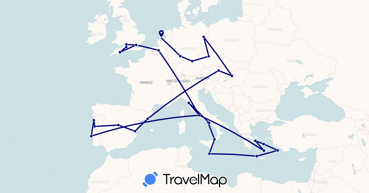 TravelMap itinerary: driving in Austria, Belgium, Czech Republic, Germany, Spain, United Kingdom, Greece, Hungary, Italy, Malta, Netherlands, Portugal (Europe)